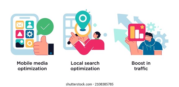 SEO Strategy Abstract Concept Vector Illustration Set. Mobile Media Optimization, Local Search, Boost In Traffic Abstract Metaphor.