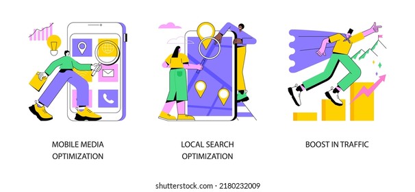 SEO Strategy Abstract Concept Vector Illustration Set. Mobile Media Optimization, Local Search, Boost In Traffic, Search Engine Targeting, Business Digital Promotion, Visitor Growth Abstract Metaphor.