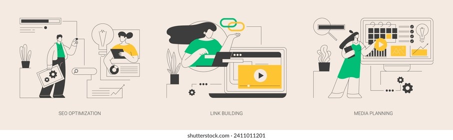 SEO strategy abstract concept vector illustration set. SEO optimization, link building, media planning, keyword optimization, page rank algorithm, online digital marketing tools abstract metaphor.