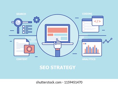 SEO strategy concept including search optimization, onpage coding, content and analytics vector illustration