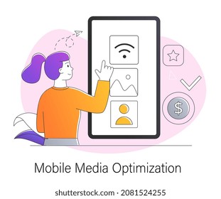 SEO strategy concept. Mobile media optimization. Young woman stands next to smart phone and improves performance of applications or social networks. Attracting users. Cartoon flat vector illustration