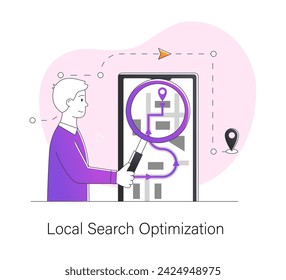 SEO Strategiekonzept. Optimierung mobiler Medien, lokale Suche, Steigerung des Datenverkehrs, Männer und Frauen verbessern App oder Website, um neue Nutzer anzuziehen. Cartoon flache Vektor-Set isoliert auf weißem Hintergrund