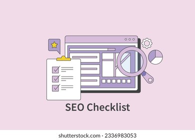 Desarrollo de estrategias SEO, Lista de marketing digital, Lista de comprobación SEO. Análisis de búsqueda de sitios web. Ilustración de vector de contorno con iconos