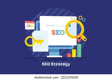 SEO strategy development, SEO marketing, Keyword ranking, Website links - flat design vector banner with icons