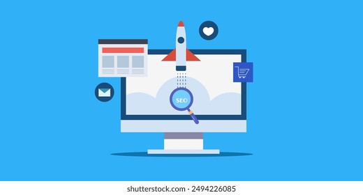 SEO strategy development, SEO marketing, SEO optimization for website traffic, ranking, organic reach - vector illustration with icons