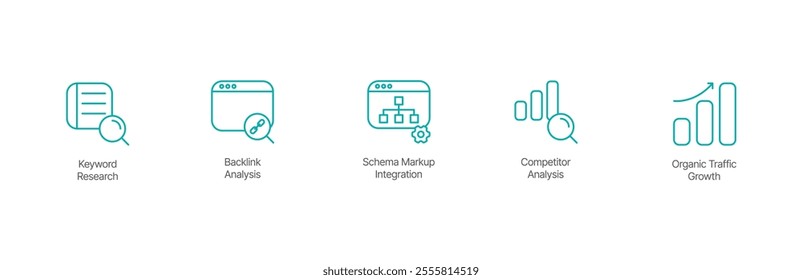 SEO Strategy Icon Set – Keyword Research, Backlink Analysis, Schema Markup Integration, Computer Analysis, and Organic Traffic Growth Design