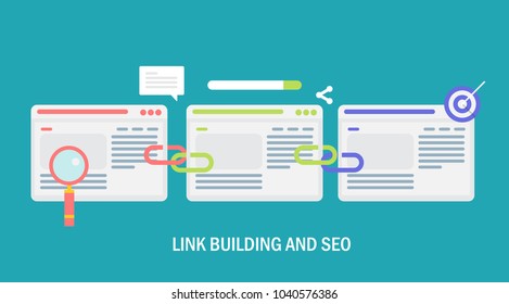 Seo strategy - Link building service - link business flat vector concept with marketing icons