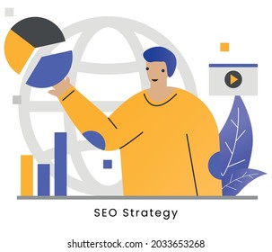 ESTRATEGIA SEO - Diseño de marketing de rendimiento, análisis y clasificación de motores de búsqueda, estrategia SEO y plantillas de sitios web de resultados de búsqueda. ilustración vectorial