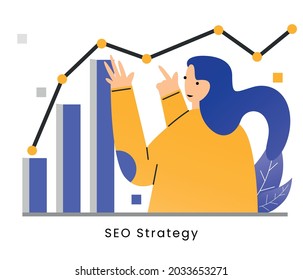 ESTRATEGIA SEO - Diseño de marketing de rendimiento, análisis y clasificación de motores de búsqueda, estrategia SEO y plantillas de sitios web de resultados de búsqueda. ilustración vectorial