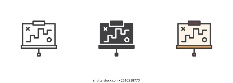 SEO Strategy Planning different style icon set. Line, glyph and filled outline colorful version, outline and filled vector sign. Presentation board with a diagram symbol, logo illustration
