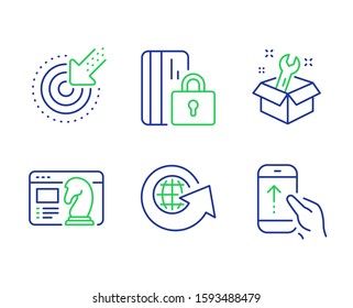 Seo strategy, Spanner and World globe line icons set. Targeting, Blocked card and Swipe up signs. Chess knight, Repair service, Around the world. Click. Technology set. Vector