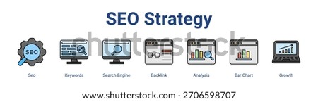 Seo Strategy web banner icon vector illustration concept featuring Seo, Keywords, Search Engine, Backlink, Analysis, Bar Chart and Growth in a collection set.