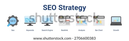 Seo Strategy web banner icon vector illustration concept featuring Seo, Keywords, Search Engine, Backlink, Analysis, Bar Chart and Growth in a collection set.