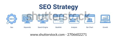 Seo Strategy web banner icon vector illustration concept featuring Seo, Keywords, Search Engine, Backlink, Analysis, Bar Chart and Growth in a collection set.