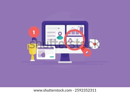 SEO success concept, Website ranking number one on search result, Website SEO analysis, Website with high SEO traffic - vector illustration with icons