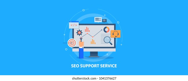 Seo support service - dedicated SEO manager - Business solution flat vector banner with icons