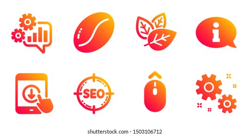 Seo, Swipe up and Scroll down line icons set. Organic tested, Information and Cogwheel signs. Coffee beans, Work symbols. Search target, Scrolling page. Business set. Gradient seo icons set. Vector