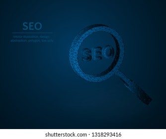 Seo symbol low poly vector illustration, Magnifying glass and seo polygonal icon, optimization concept illustration,dark blue background