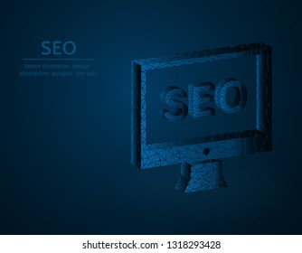 Seo symbol low poly vector illustration, Monitor and seo polygonal icon, optimization concept illustration, dark blue background