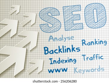 SEO symbol scribble blue pencil pen with arrows on checkered paper background. Chart with Keywords