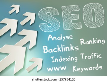 SEO symbol white Scribble with arrows on bokeh background