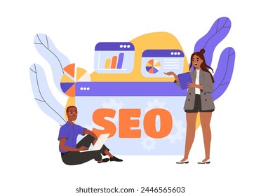 SEO system concept. Man and woman with graphs and diagrams. Statistics and infographics. Promotion of website and webpage on internet. Cartoon flat vector illustration isolated on white background