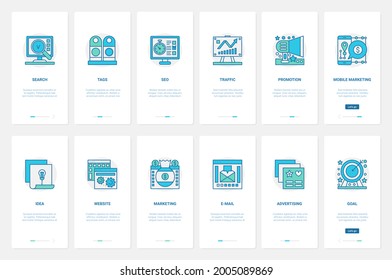 Seo, tag, web traffic internet promotion for business projects, online marketing technology vector illustration. UX, UI onboarding mobile app page screen set with line advertising website ideas