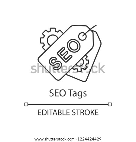 SEO tags linear icon. Meta tags. Thin line illustration. Search optimization. SEO marketing. Label and cogwheels. Contour symbol. Vector isolated outline drawing. Editable stroke