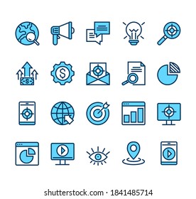 SEO target analytics management line icon isolated set. Vector graphic design illustration