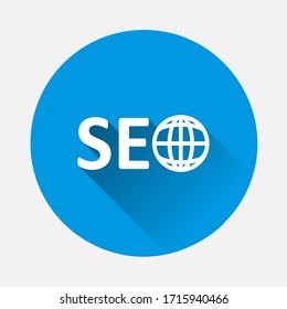SEO target icon on blue background. Flat image with long shadow.