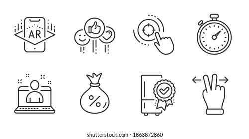 Seo target, Loan and Certified refrigerator line icons set. Best manager, Timer and Like signs. Touchscreen gesture, Augmented reality symbols. Click aim, Money bag, Kitchen fridge. Vector