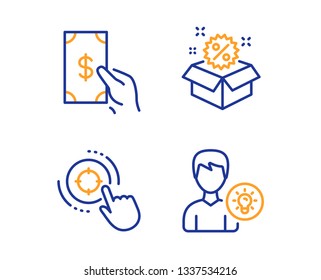 Seo target, Receive money and Sale icons simple set. Person idea sign. Click aim, Cash payment, Discount. Lamp energy. Business set. Linear seo target icon. Colorful design set. Vector