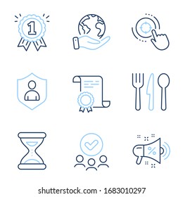 Seo target, Time and Food line icons set. Diploma certificate, save planet, group of people. Sale megaphone, Reward and Security signs. Click aim, Clock, Cutlery. Shopping. Business set. Vector