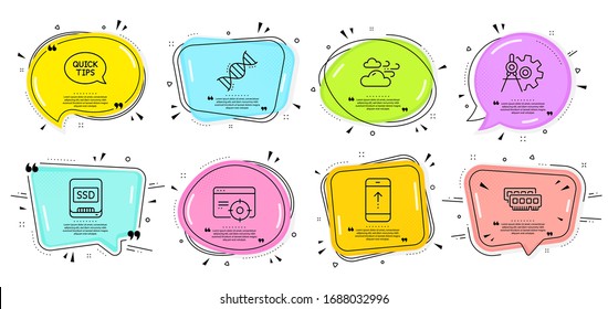 Seo targeting, Cogwheel dividers and Ssd signs. Speech bubbles with quotes. Quickstart guide, Ram and Windy weather line icons set. Swipe up, Chemistry dna symbols. Vector