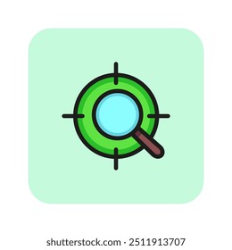 Ícone de linha de destino e SEO. Alvo, fundo branco, mira. Conceito de otimização. A ilustração vetorial pode ser usada para tópicos como otimização, engenharia, investigação