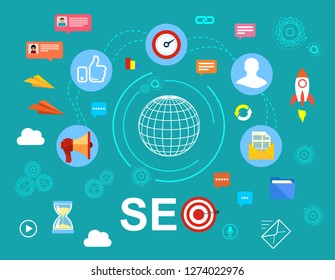 SEO targeting and monitoring, Mobile SEO and Search results website templates. Vector stock illustration
