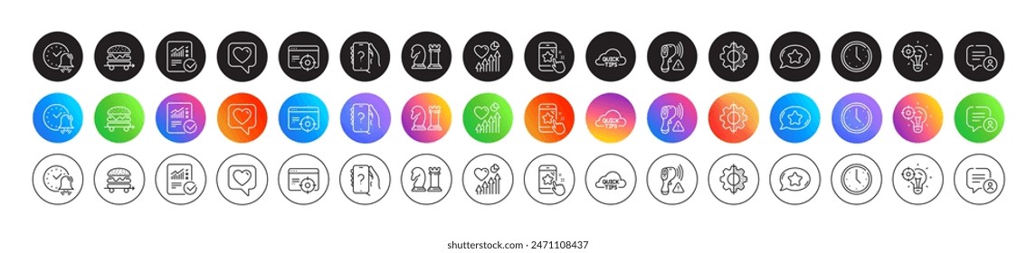 Seo targeting, Transform and Heart beat line icons. Round icon gradient buttons. Pack of Heart, Time, Electronic thermometer icon. Chess, Favorite chat, Alarm bell pictogram. Vector