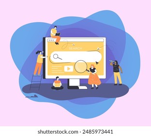 SEO team searching information online on huge computer screen. Search engine result page or SERP, organic growth of site flat vector illustration. Marketing, search concept for banner, website design