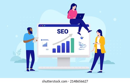 SEO team - Three people working with search engine optimisation on computer screen with graph showing positive growth. Flat design vector illustration with blue background