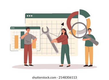 SEO team at work. Colleagues come up with content for website, online page optimization for search engines on Internet. Promotion of organization or company. Cartoon flat vector illustration