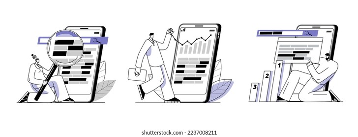 The SEO team is working on analytics and keyword selection for website promotion in search engines. A set of vector illustrations on SEO and website promotion on the Internet.