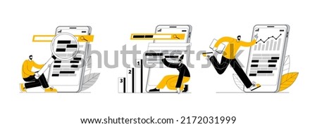 The SEO team is working on analytics and keyword selection for website promotion in search engines. A set of vector illustrations on SEO and website promotion on the Internet.