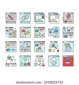 seo technical audit icons set vector. optimize market, rank search, improve marketing, dashboard report seo technical audit color line illustrations