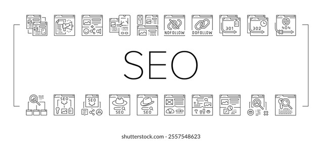 seo technical audit icons set vector. optimize market, rank search, improve marketing, dashboard report seo technical audit black contour illustrations