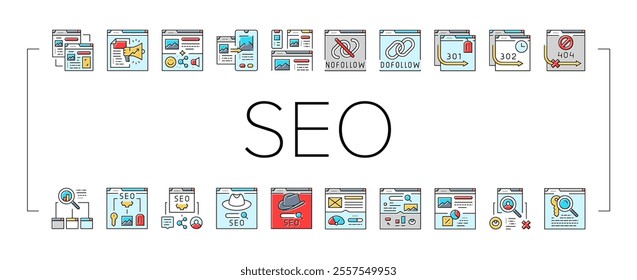 seo technical audit icons set vector. optimize market, rank search, improve marketing, dashboard report seo technical audit color line illustrations