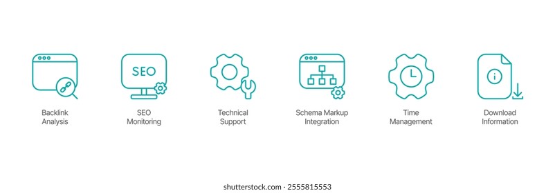 SEO and Technical Support Icon Set – Backlink Analysis, SEO Monitoring, Technical Support, Schema Markup Integration, Time Management, and Download Information Design