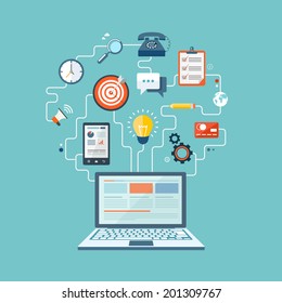 SEO technology flat illustration with laptop and icons. eps10