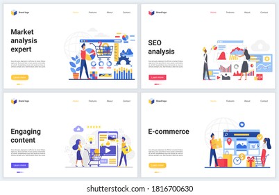 Tecnología Seo, análisis de mercado ilustraciones vectoriales. Diseño creativo y moderno de páginas web conjunto de banners, diseño digital plano con servicio de análisis de marketing social digital para proyectos empresariales