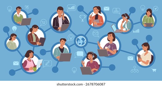 SEO technology. Web business. Startup employees communication structure. People group connection. Social media banner. Education and marketing management. Creative or work team network. Vector concept