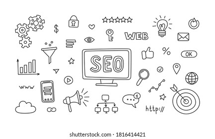 Seo technology and web traffic optimization. Hand drawn seo icons collection. Vector illustration in doodle style on white background